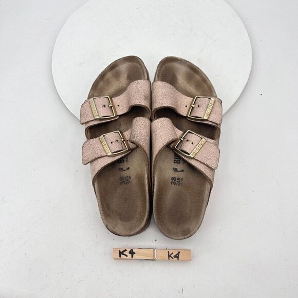 Birkenstock Arizona Women Size 7 Rose Gold Leather Slide Buckle Comfort Sandal - Picture 11 of 13